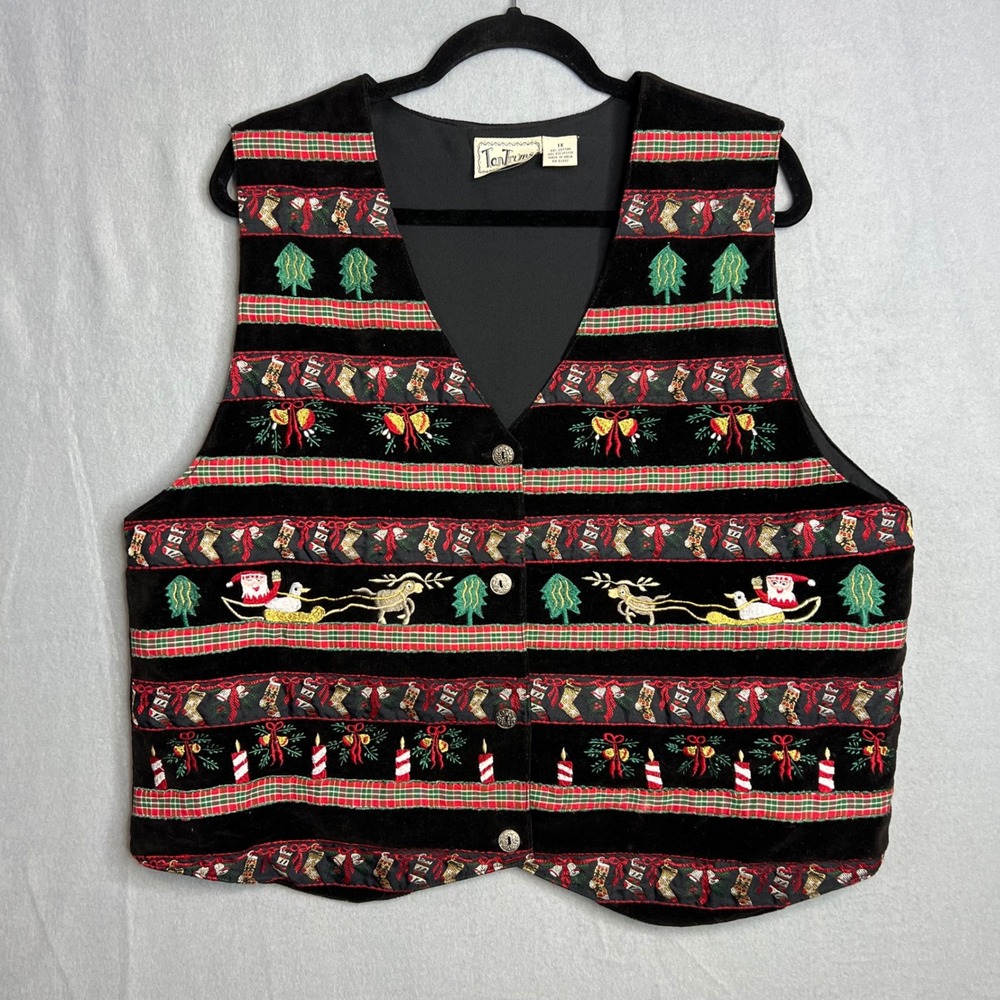 Tantrums Vintage Christmas Vest Size 1X Black Velvet Novelty Embroidered Holiday